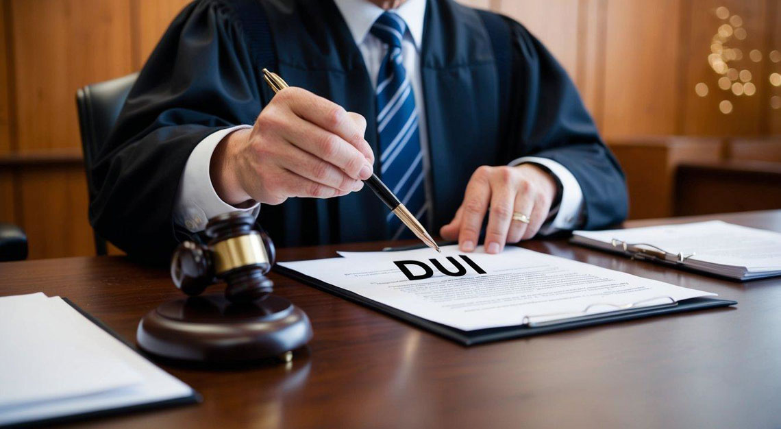 A judge striking out a DUI conviction from a legal document in a courtroom