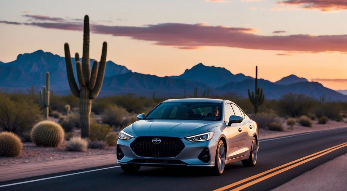 A car driving through the Arizona desert at sunset, with cacti and mountains in the background