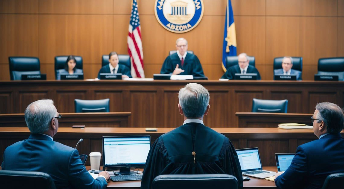 A courtroom with a judge presiding over a DUI case in Arizona. Lawyers present evidence and arguments as the case unfolds